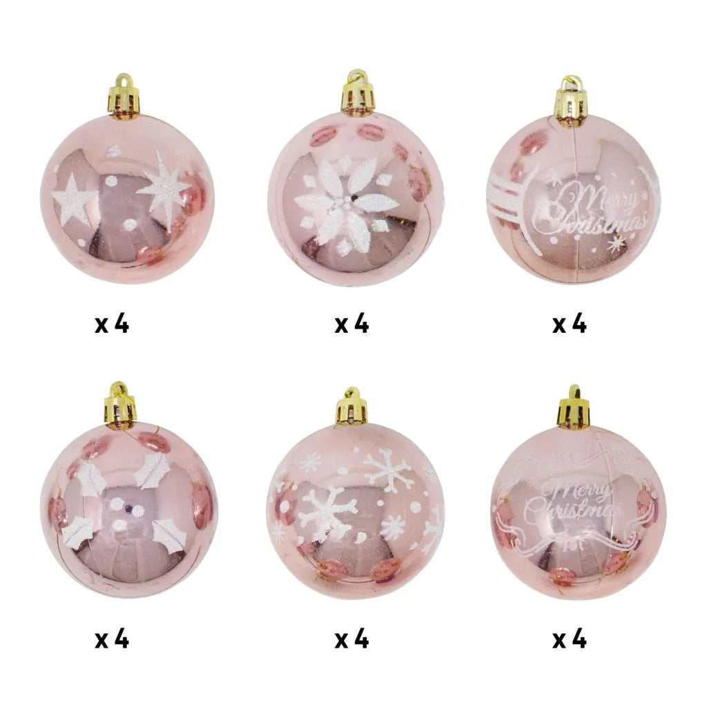 24Pcs Rose Gold Christmas Ornament with Glittering Painting 2.36in
