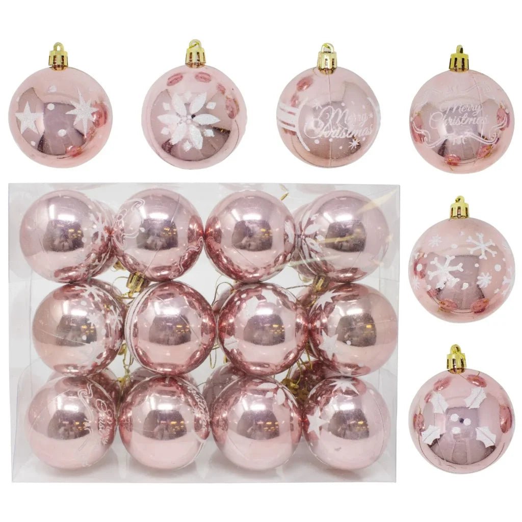 24Pcs Rose Gold Christmas Ornament with Glittering Painting 2.36in