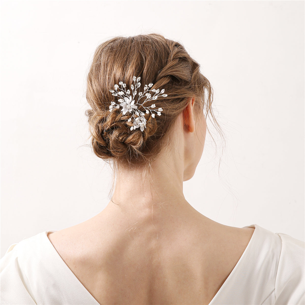 Silver Flowers White Beads Hair Comb
