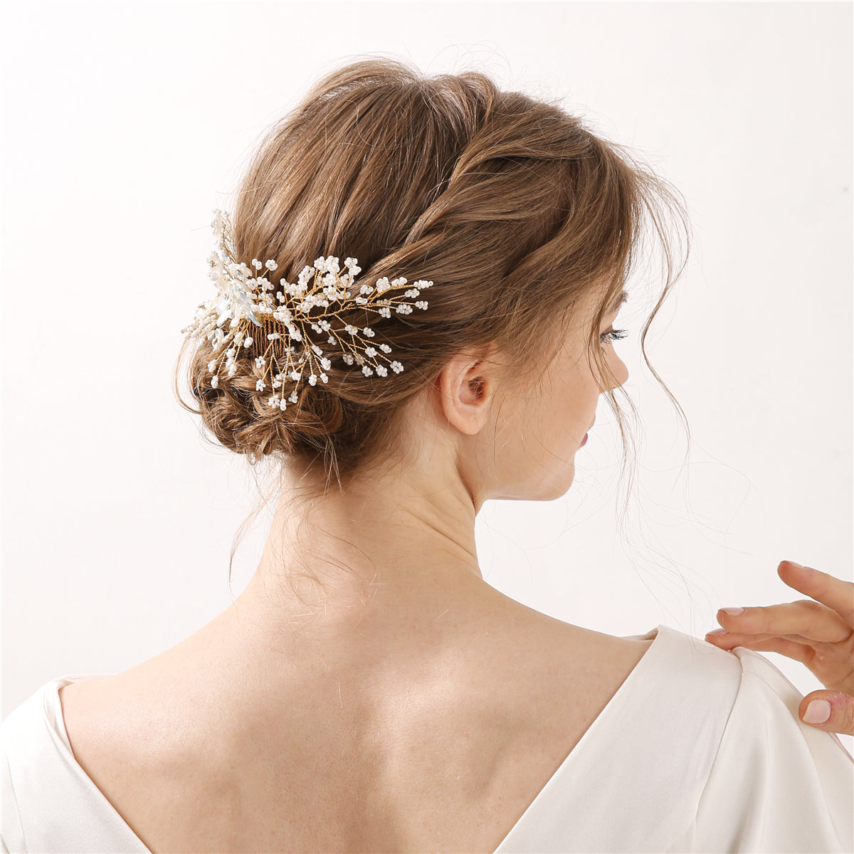 Rose Gold Flower White Beads Wedding Hair Comb Barrette