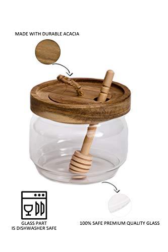 Honey Jar Pot Glass Holder Dispenser Set with Wooden Dipper Stick and Acacia Lid Cover for Home Kitchen, Clear, Modern Honey Syrup Glass Container for Storage Gift, Honey Pot and Drizzler (9 Oz)
