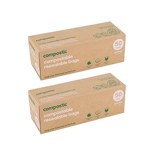 Compostic - Home Compostable Resealable Sandwich Bags (7"x7") - 50 Bags (2 Pack) | 100 Count - kalejunkie