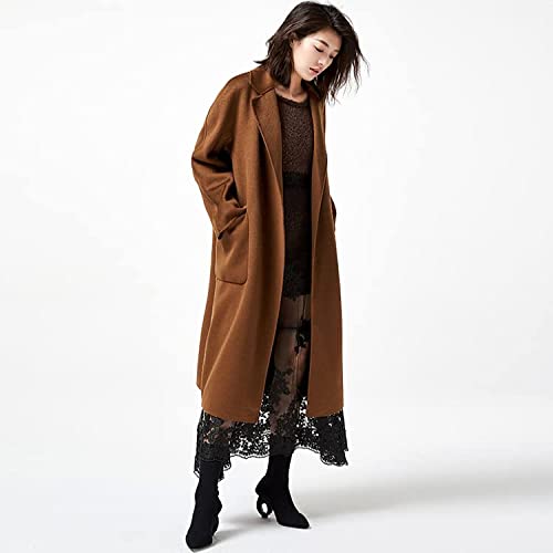 MARKABLE Handmade double-sided cloth, water ripple wool coat, wool cashmere coat, female(Deep Caramel-M)