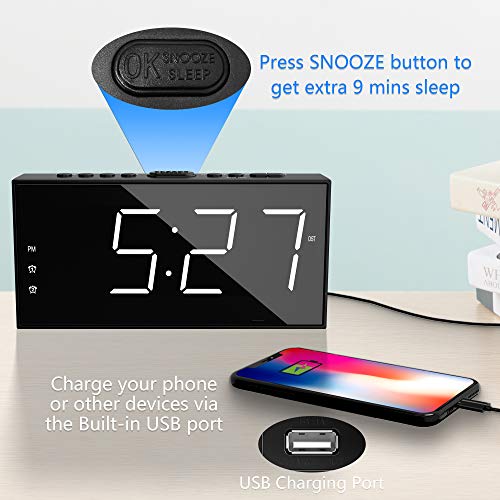 Alarm Clock for Bedroom, 2 Alarms Loud LED Big Display Clock with USB Charging Port, Adjustable Volume, Dimmable, Snooze, Plug in Simple Basic Digital Clock for Deep Sleepers Kids Elderly Home Office