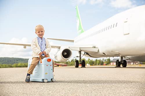 JetKids by Stokke BedBox, Blue Sky - Kid's Ride-On Suitcase & In-Flight Bed - Help Your Child Relax & Sleep on the Plane - Approved by Many Airlines - Best for Ages 3-7 - thebastfamily