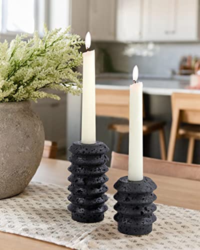 HofferRuffer Travertine Candlestick Holders, Set of 2 Natural Stone Candle Holder Decorative Candle Stands for Wedding, Dinning, Party, Table Centerpieces, Fits 3/4 inch Thick Candles (Black) -