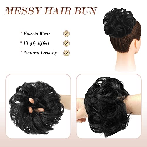 FESHFEN Messy Bun Hair Piece Hair Bun Scrunchies Off Black Synthetic Black Wavy Chignon Ponytail Hair Extensions Thick Updo Hairpieces for Women Girls 1PCS - hopeschwing
