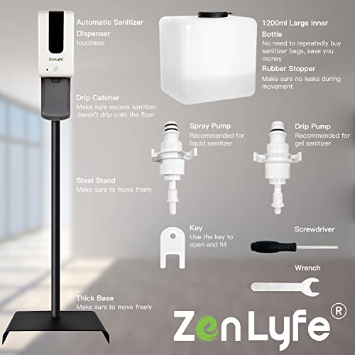 Zen Lyfe Automatic Hand Sanitizer Dispenser with Stand, Hand Sanitizer Stand Station for Churches Schools Offices Restaurants - Includes Drip Catcher and Refillable Bottle, White
