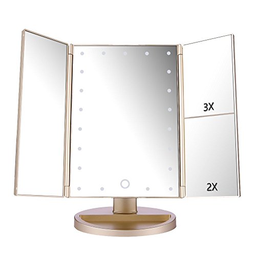 deweisn Tri-Fold Lighted Vanity Mirror with 21 LED Lights, Touch Screen and 3X/2X/1X Magnification, Two Power Supply Modes Make Up Mirror,Travel Mirror - hopeschwing