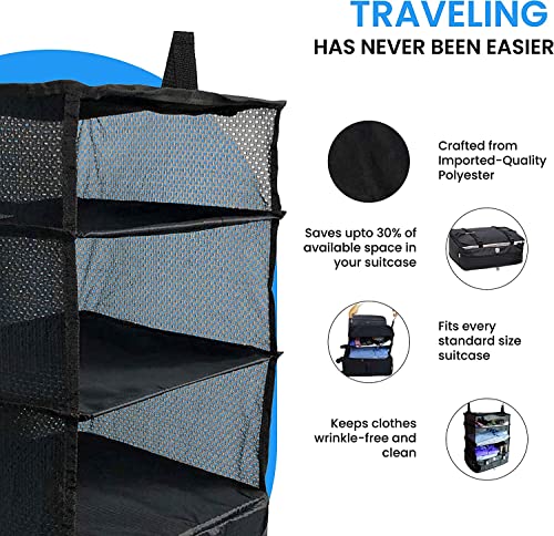 Grand Fusion Housewares Stow-N-Go Luggage and Travel Organizer, Travel Essentials, Hanging Packing Cubes With Hanging Shelves And Laundry Storage Compartment, Black - thebastfamily