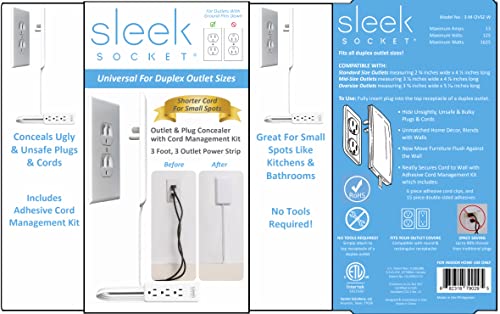 Sleek Socket Ultra-Thin Outlet Concealer with Cord Concealer Kit, 3 Outlet, 3-Foot Cord, Universal Size, UL Certified