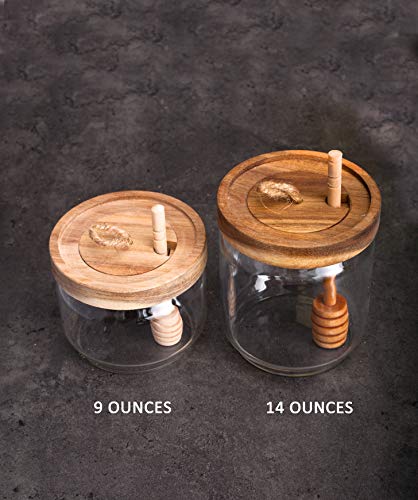 Honey Jar Pot Glass Holder Dispenser Set with Wooden Dipper Stick and Acacia Lid Cover for Home Kitchen, Clear, Modern Honey Syrup Glass Container for Storage Gift, Honey Pot and Drizzler (9 Oz)