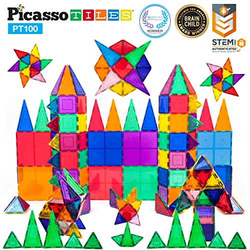 PicassoTiles 100 Piece Set 100pcs Magnet Building Tiles Clear Magnetic 3D Building Blocks Construction Playboards, Creativity Beyond Imagination - thebastfamily