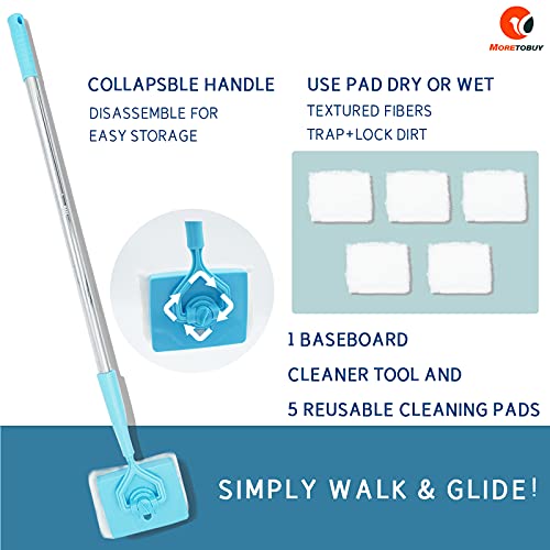 YUNWEI Baseboard Cleaner Tool with Handle 5 Reusable Cleaning Pads by No-Bending Mop Baseboard Cleaner Tool Long Handle Adjustable Baseboard Molding Tool