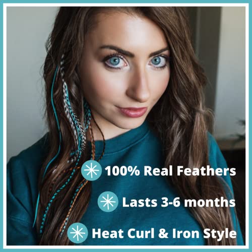 Feather Hair Extensions, 100% Real Rooster Hair Feathers, Long Natural and Turquoise Blue Colors, 20 Feathers with Beads and Loop Tool Kit NBT - hopeschwing