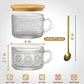 4pcs Set Vintage Coffee Mugs, Glass Cups with Bamboo Lids and Spoons - 14oz Clear Embossed Drinking Glasses - kalejunkie