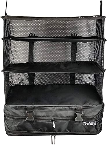 Grand Fusion Housewares Stow-N-Go Luggage and Travel Organizer, Travel Essentials, Hanging Packing Cubes With Hanging Shelves And Laundry Storage Compartment, Black - thebastfamily