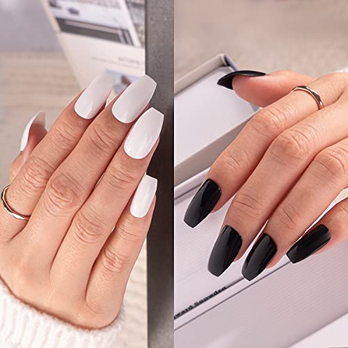 Vamony Black White Press on Nails Short , 56Pcs Solid Glossy Coffin Fake Nails, Stick on Nails Kit with Prep Pad, Mini File, Cuticle Stick and False Nails, Christmas Gift for Women Girls