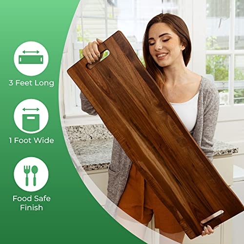 Large Acacia Serving Board with Handles, 36 x 12 Inch Rectangular Charcuterie Platter, Natural Wood Server for Meat, Cheese Board, and Party Appetizers, Extra Long 3ft