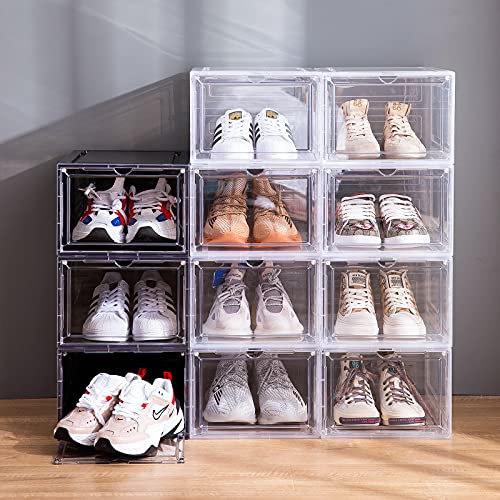 Attelite Drop Front Shoe Box,Set of 6,Stackable Plastic Shoe Box with Clear Door,As Shoe Storage Box and Clear Shoe Box,For Display Sneakers,Easy Assembly,Fit up to US Size 12(13.4”x 10.6”x 7.4”)Black - elpetersondesign