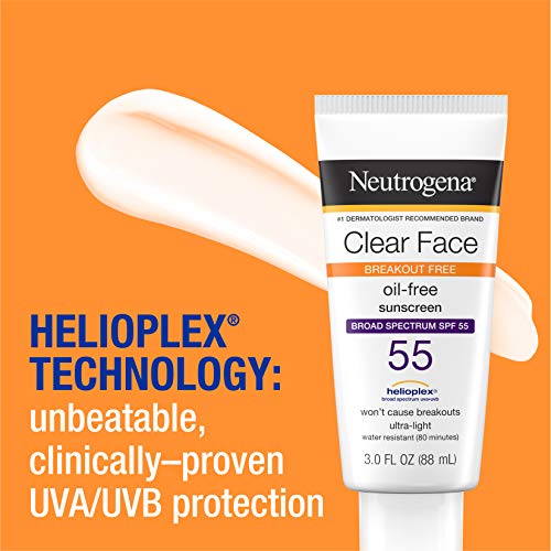 Neutrogena Clear Face Liquid Lotion Sunscreen for Acne-Prone Skin, Broad Spectrum SPF 55 with Helioplex Technology, Oil-Free, Fragrance-Free & Non-Comedogenic, 3 Fl Ounce - hopeschwing