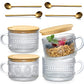 4pcs Set Vintage Coffee Mugs, Glass Cups with Bamboo Lids and Spoons - 14oz Clear Embossed Drinking Glasses - kalejunkie