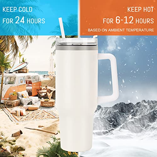 Kerykwan 40oz Tumbler with Handle Insulated Stainless Steel Travel Coffee Mug with Straw&Lid Large Water Bottle Cup for Hot&Cold Beverages (White)