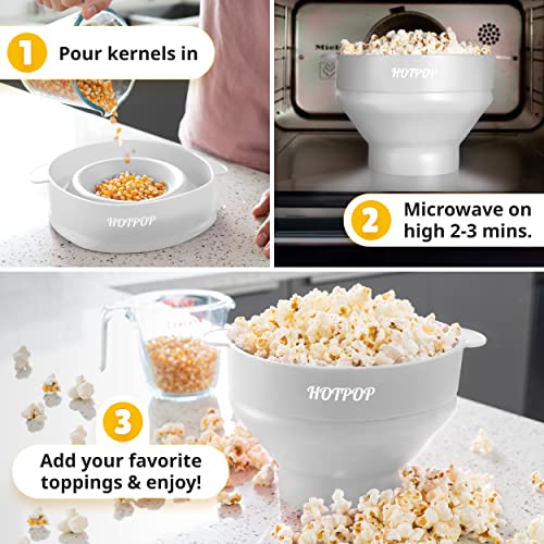 The Original Hotpop Microwave Popcorn Popper, Silicone Popcorn Maker, Collapsible Bowl BPA-Free and Dishwasher Safe- 20 Colors Available (White)