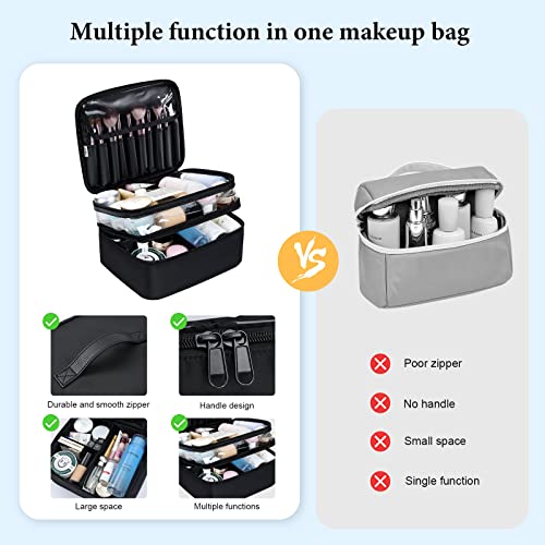 DIMJ Makeup Bag, Double Layer Travel Makeup Organizer Bag Large Makeup Case, Big Travel Cosmetic Bag for Women and Girls Clear Toiletry Bag for Cosmetics Skin Care Brushes.(Black)