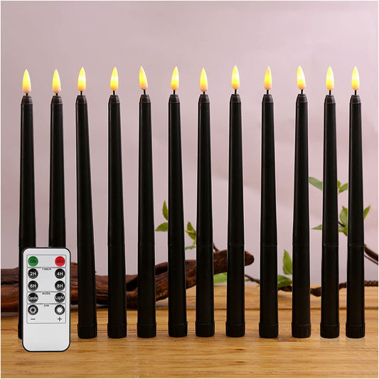 Duduta Black Flameless Taper Candles with Remote 12 Pack, Flickering Realistic LED Battery Operated Decorative Candles for Halloween Party Home Decor