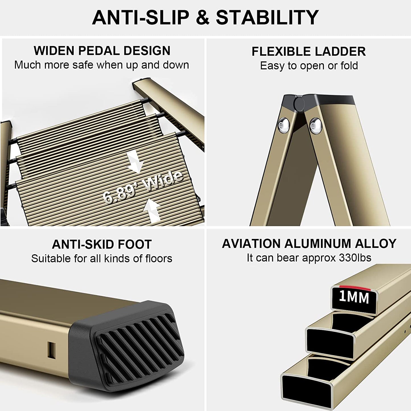 3 Step Ladder Aluminum Lightweight Folding Step Stool Wide Anti-Slip Pedal 330 Lbs Capacity Household Office Portable Stepladder,Champagne Gold