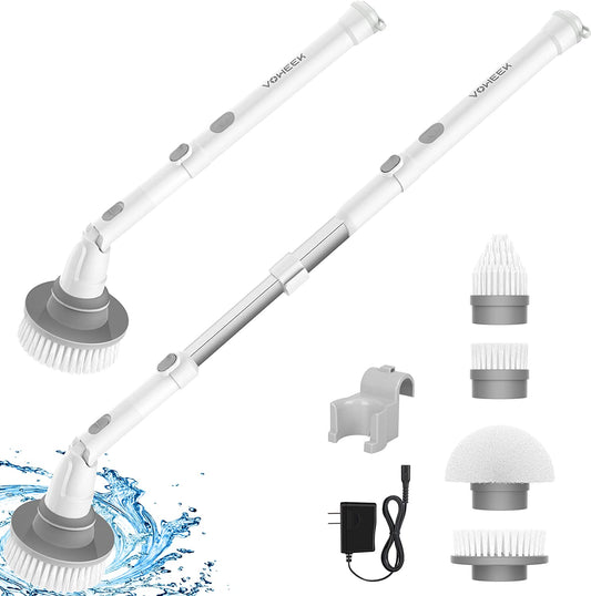 Electric Spin Scrubber Voweek Cordless Cleaning Brush with Adjustable Extension Arm 4 Replaceable Cleaning Heads Power Shower Scrubber for Bathroom