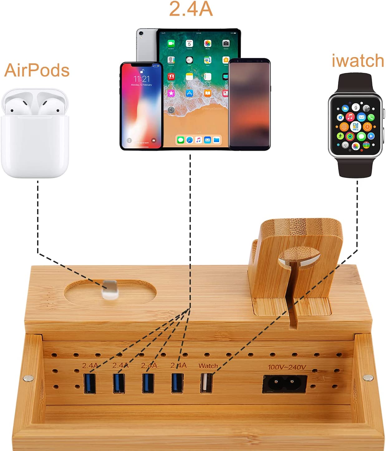 Bamboo Charging Station for Multi Device With 5 USB Charger Port Sendowtek 6 in 1 USB Charging Stand for Phone Tablet Smart Watch Holder