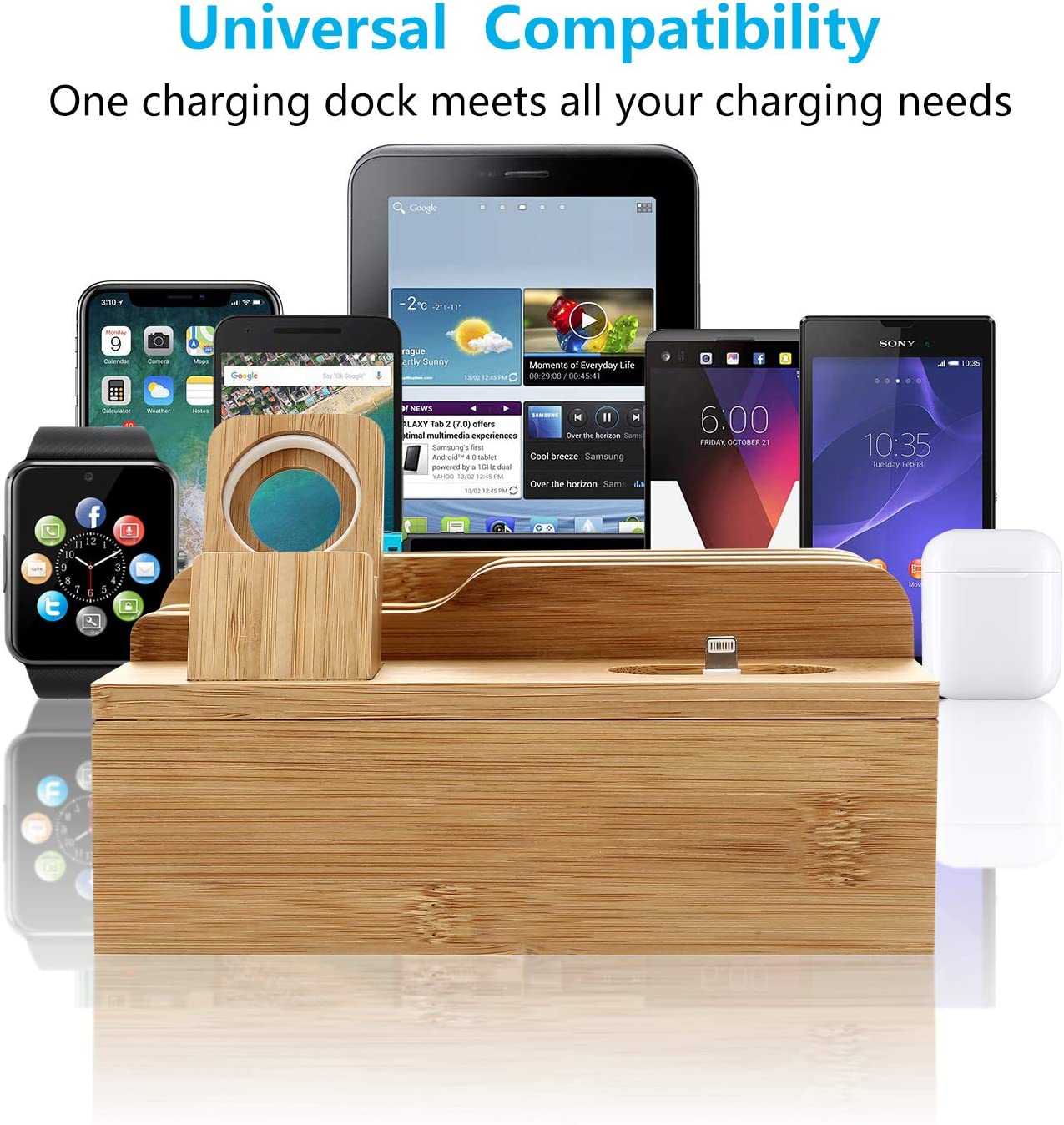 Bamboo Charging Station for Multi Device With 5 USB Charger Port Sendowtek 6 in 1 USB Charging Stand for Phone Tablet Smart Watch Holder
