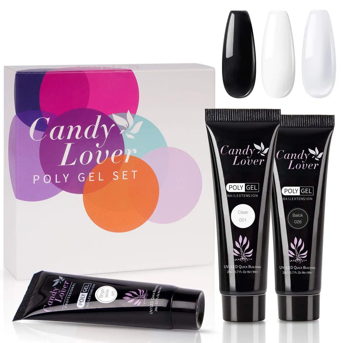 Poly Gel Nail Polish Set - Candy Lover Black White Clear 3 Popular Colors