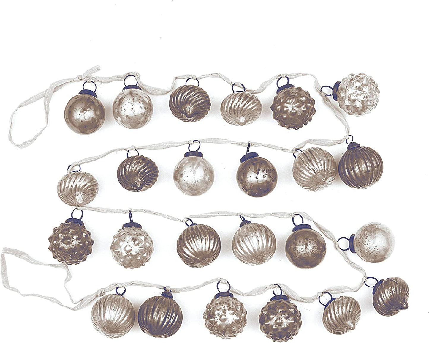 Creative Co-Op Distressed White & Grey Embossed Mercury Glass Ornament Fabric String Garland White and Grey