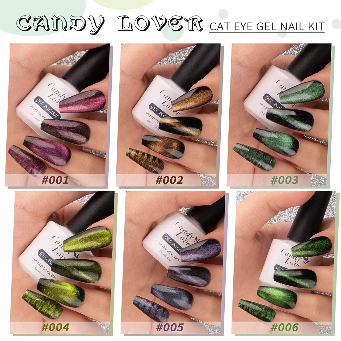 9D Cat Eye Gel Nail Polish Kit - Candy Lover 6 Selected Sparkle Colors